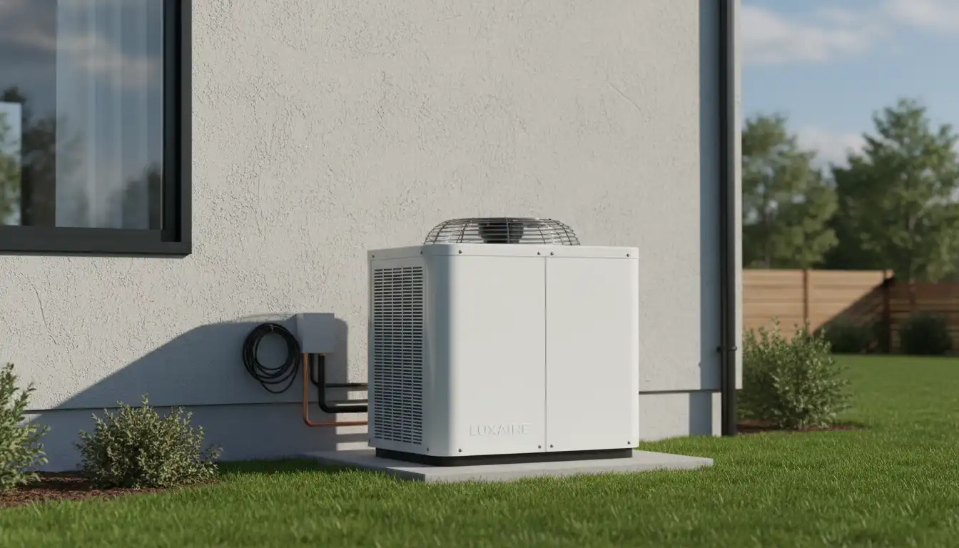 A modern, white Luxaire heat pump unit installed outdoors next to the exterior wall of a house.