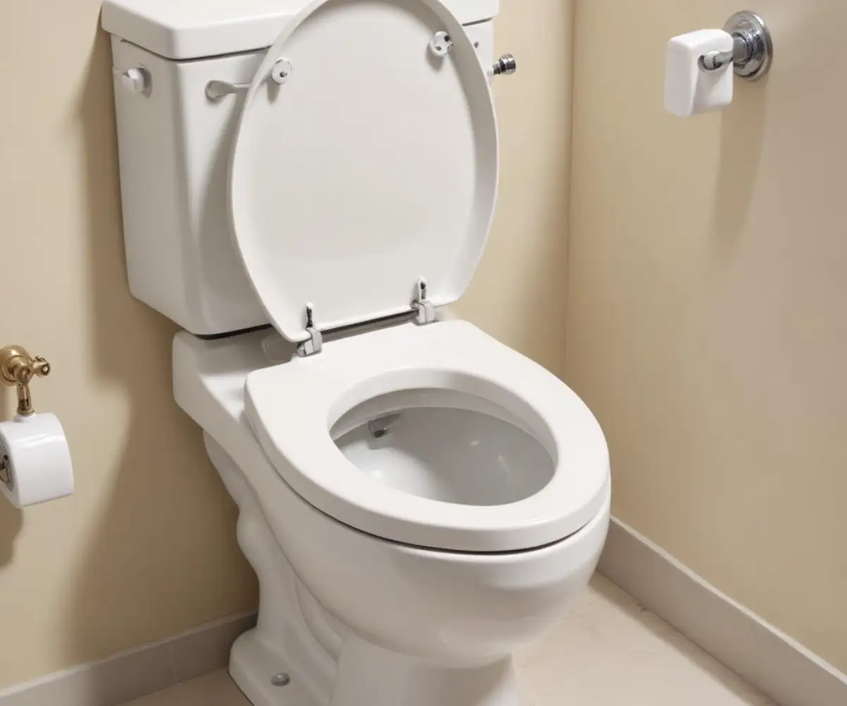 A close-up of a white toilet with a bidet attachment installed, showing a visible gap between the elevated toilet seat and the ceramic bowl.