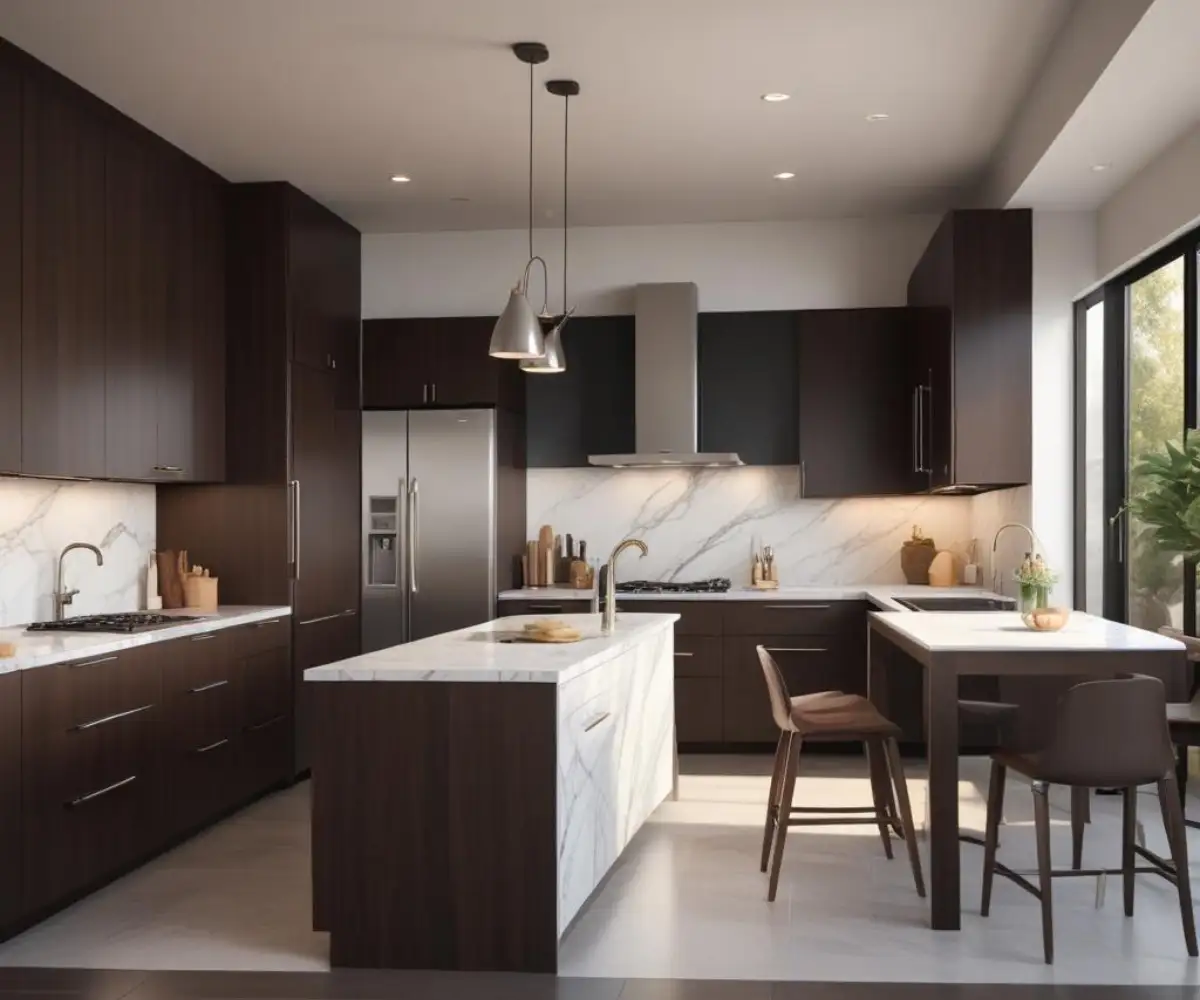 Modern kitchen with sleek, dark wood cabinets, stainless steel appliances, and a marble countertop.