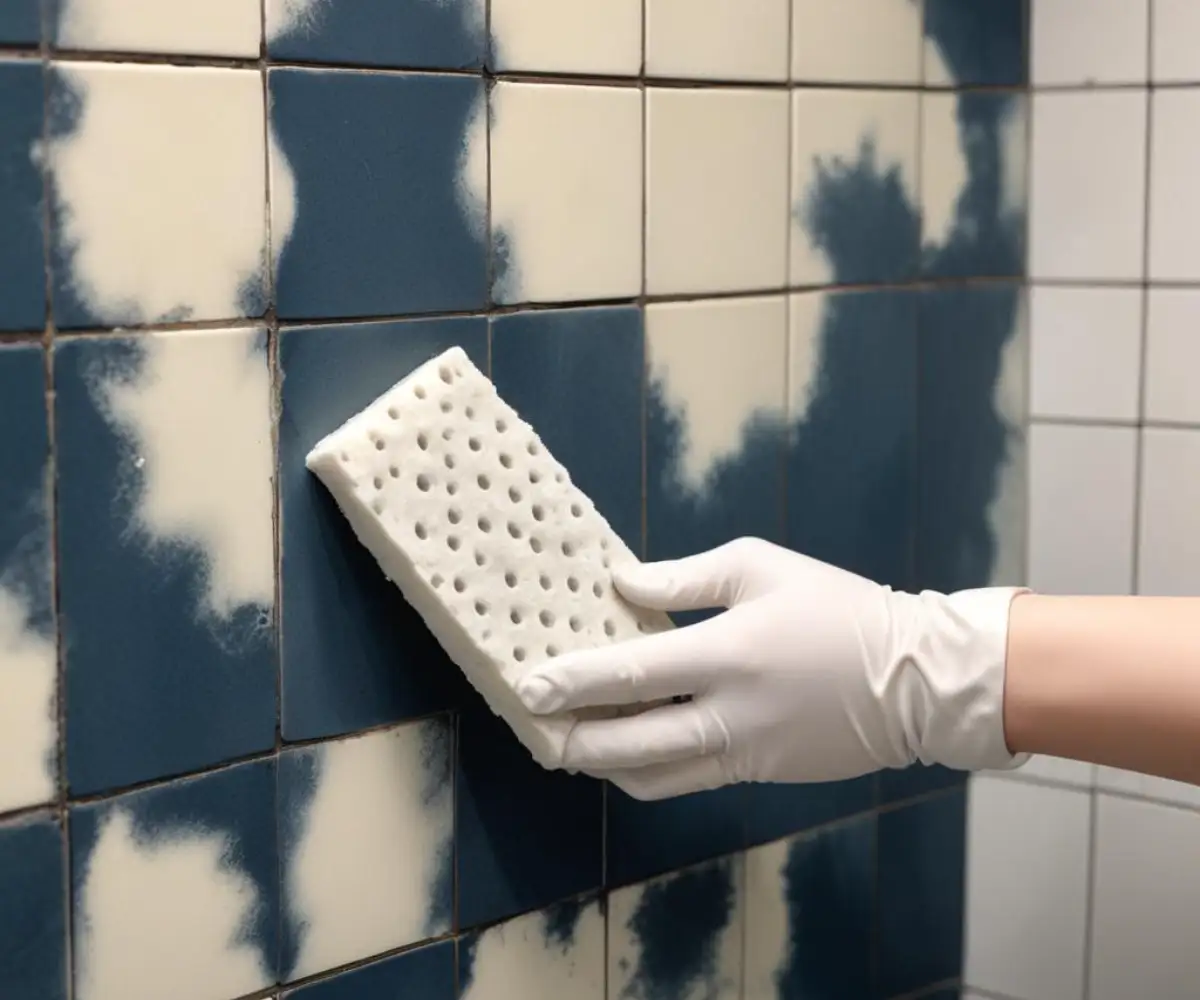 Close-up of a white melamine sponge cleaning dark mold spots from a tiled bathroom wall.