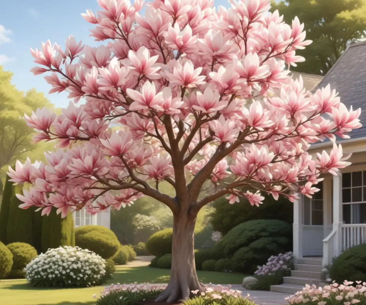 A hardy saucer magnolia tree with large, fragrant white and pink flowers blooming in a sunny garden.