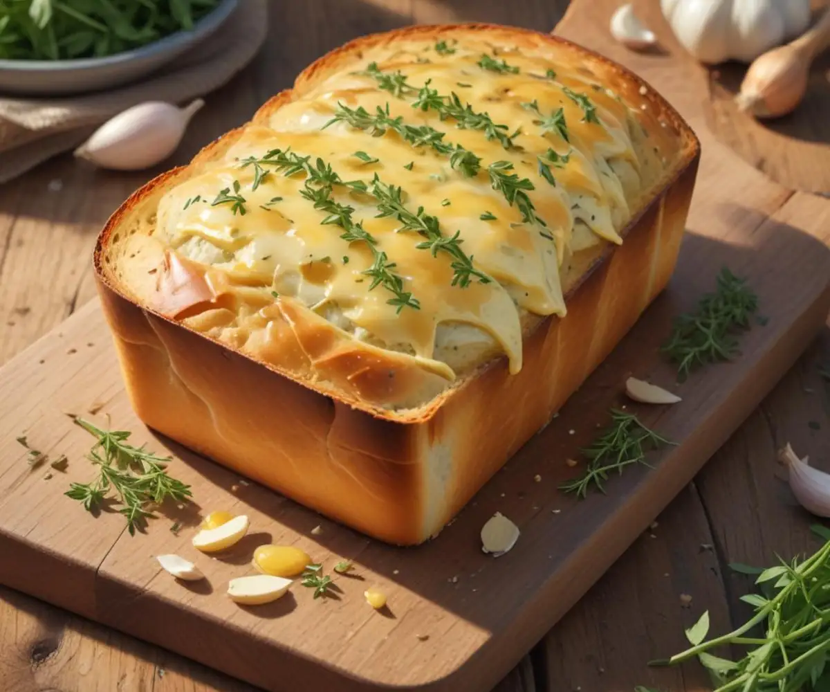 A golden-brown loaf of garlic bread topped with melted butter and fresh herbs on a rustic wooden board.