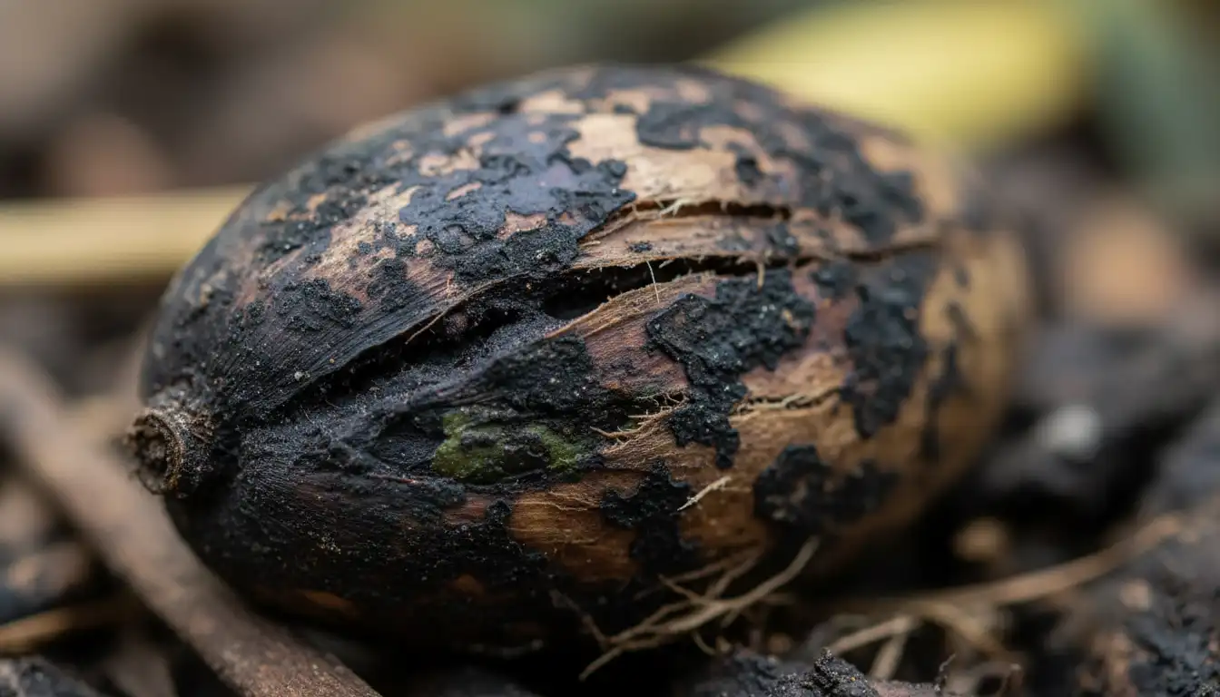 A close-up view of a mango seed showing significant black discoloration on the husk and kernel.
