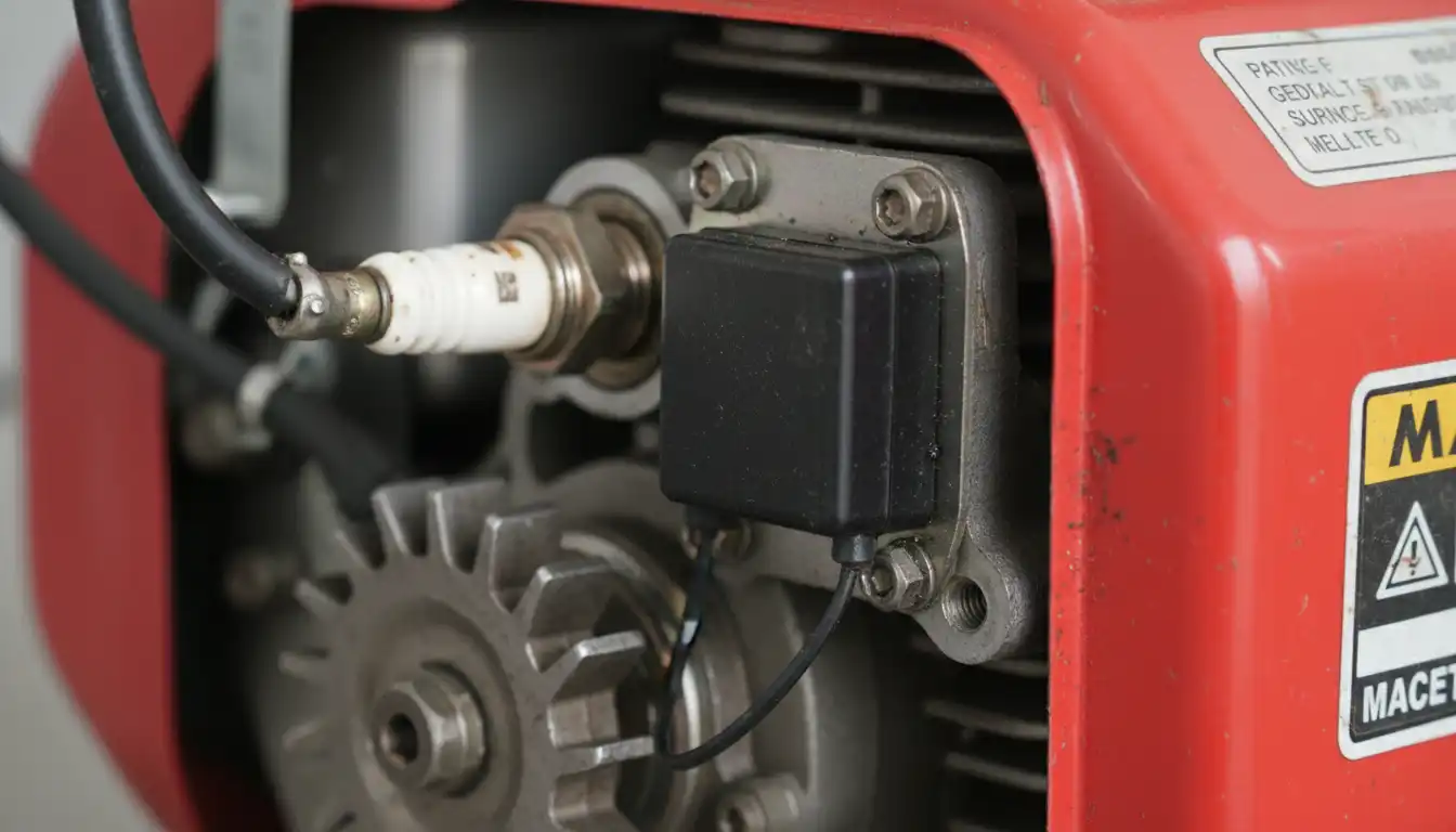 Close-up of a Mantis tiller engine, focusing on the spark plug and ignition coil area.