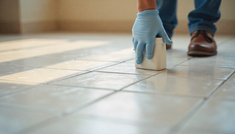 Close-up of freshly applied charcoal gray grout lines between large format porcelain floor tiles.