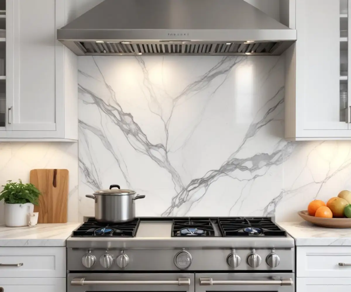 A polished white and grey veined marble slab backsplash installed behind a stainless steel stove, set against white kitchen cabinets.