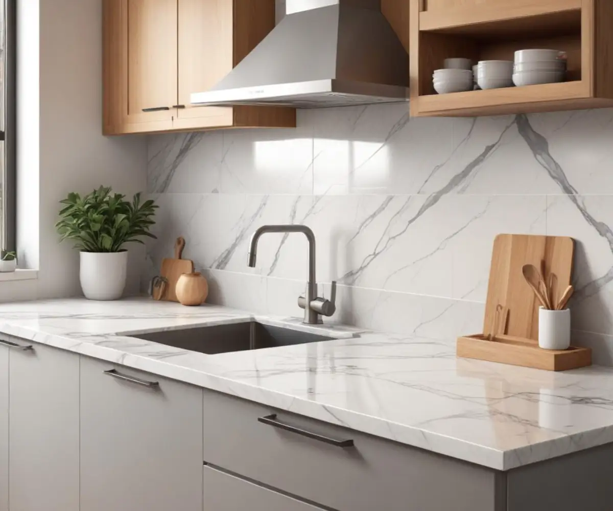 A white marble subway tile backsplash with delicate grey veining installed above a solid white quartz countertop in a brightly lit, modern kitchen.