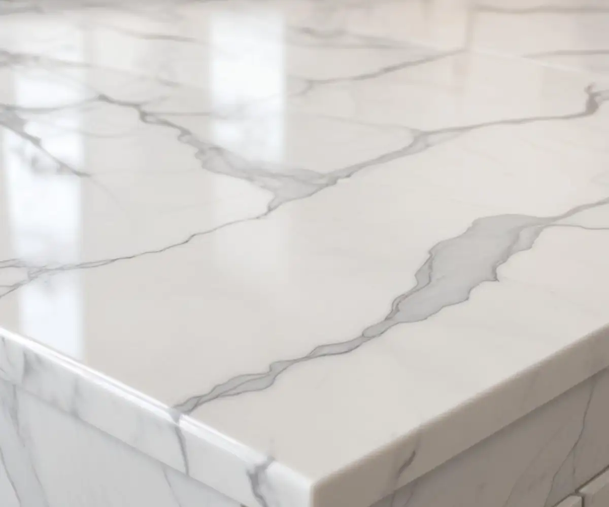 A seamless, polished white marble tile countertop with delicate grey veining reflecting soft, natural light.