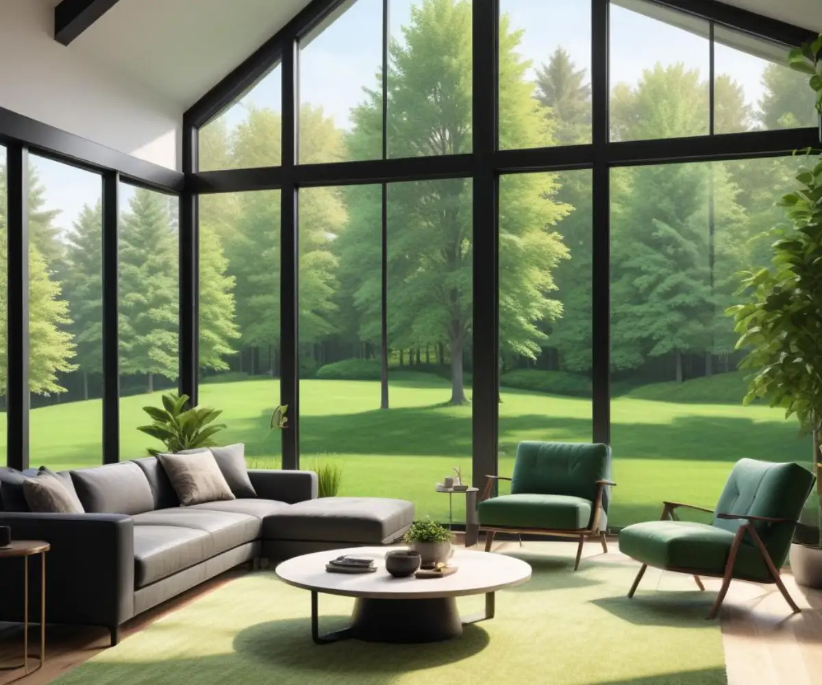 A modern living room with large, black-framed fiberglass windows showing a clear view of a lush green lawn and trees.