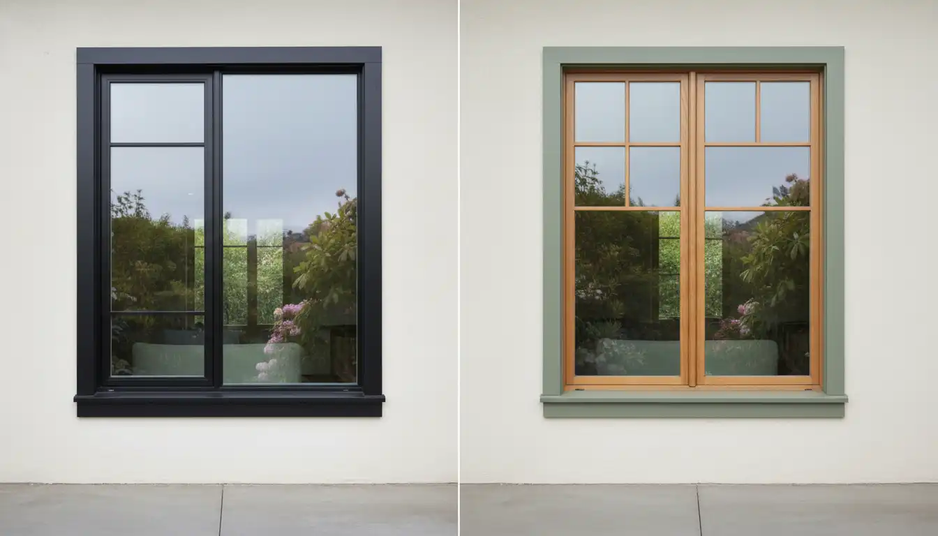 A side-by-side comparison of a sleek, black Marvin Modern window with narrow sightlines next to a classic, wood-clad Marvin Ultimate window.