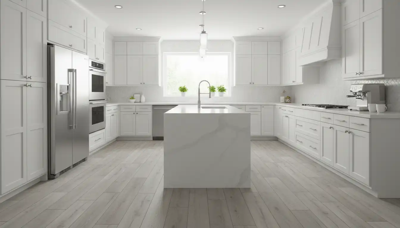 A modern kitchen with light gray luxury vinyl plank flooring and white cabinets.