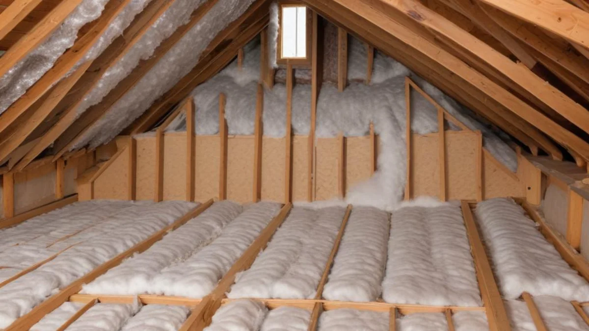 Freshly installed blown-in cellulose insulation covering an attic floor between an wooden joists.