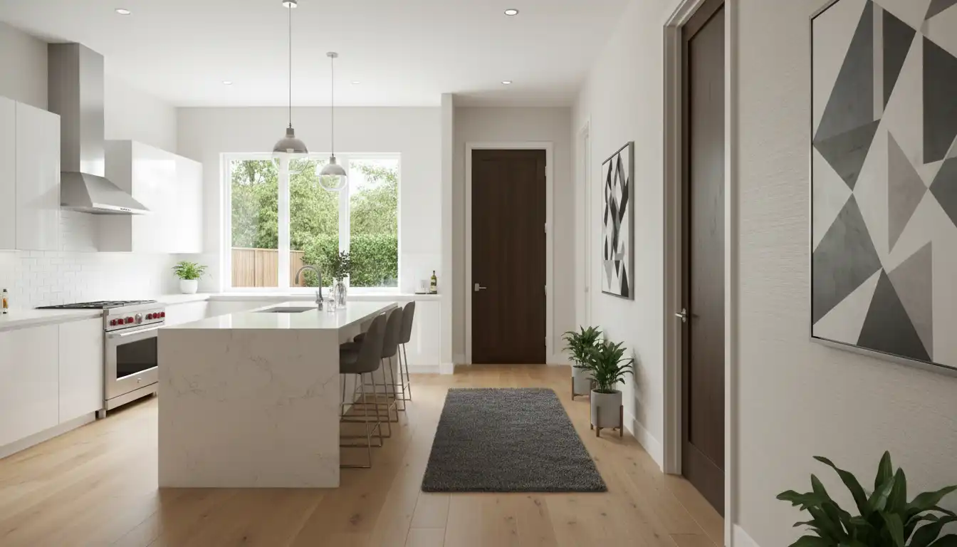 A hallway leading from a bright, modern kitchen to the closed door of a master bedroom.