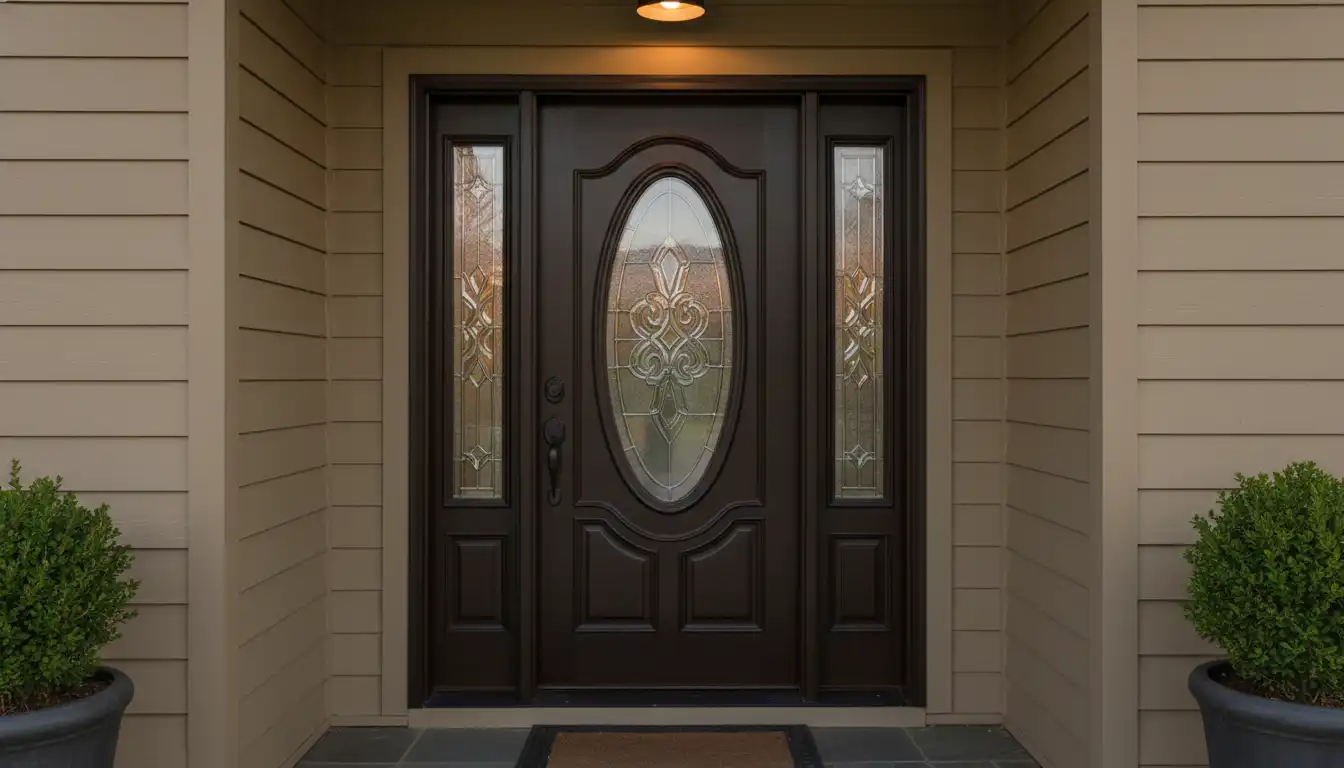 A dark wood-stained Mastercraft front entry door with a decorative glass insert set into a neutral-colored siding wall.