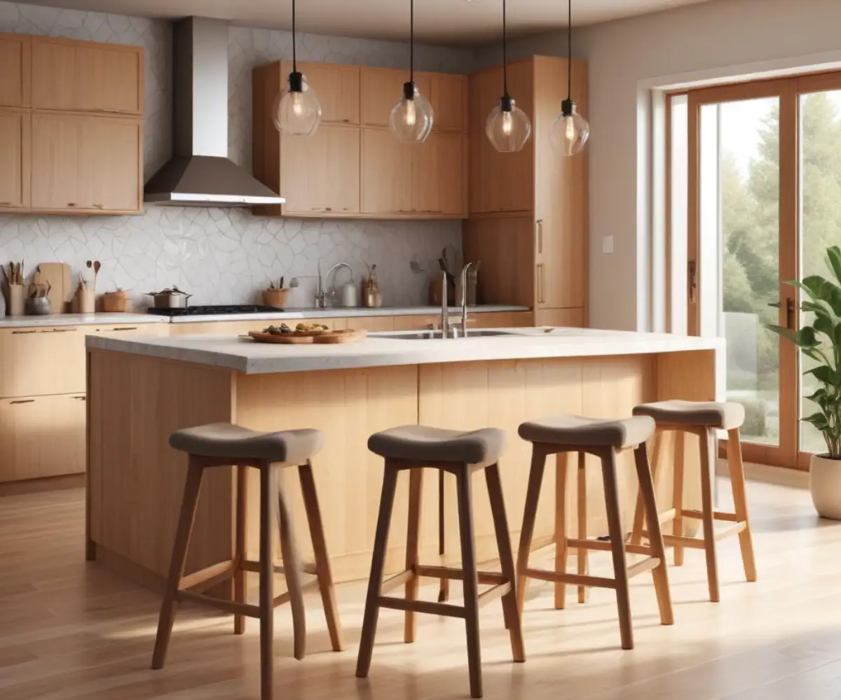 A modern kitchen island with a combination of high-back upholstered bar stools and backless wooden bar stools, creating a stylish, eclectic seating area.