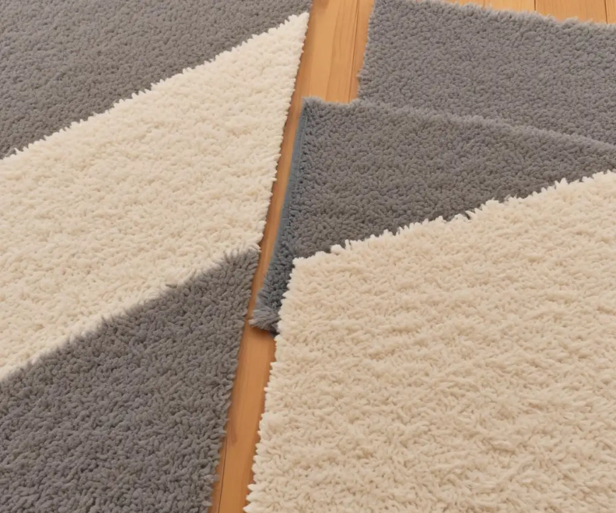 A close-up view of two different carpet samples, one a solid neutral beige and the other a textured gray, placed side-by-side on a light wood surface.