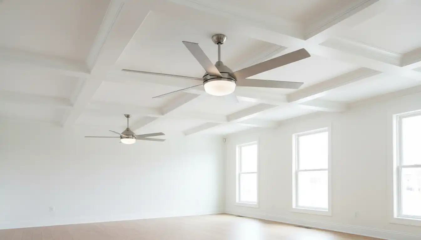 A large brushed nickel ceiling fan with a light kit and a smaller, matching fan without a light, installed on a clean white ceiling.