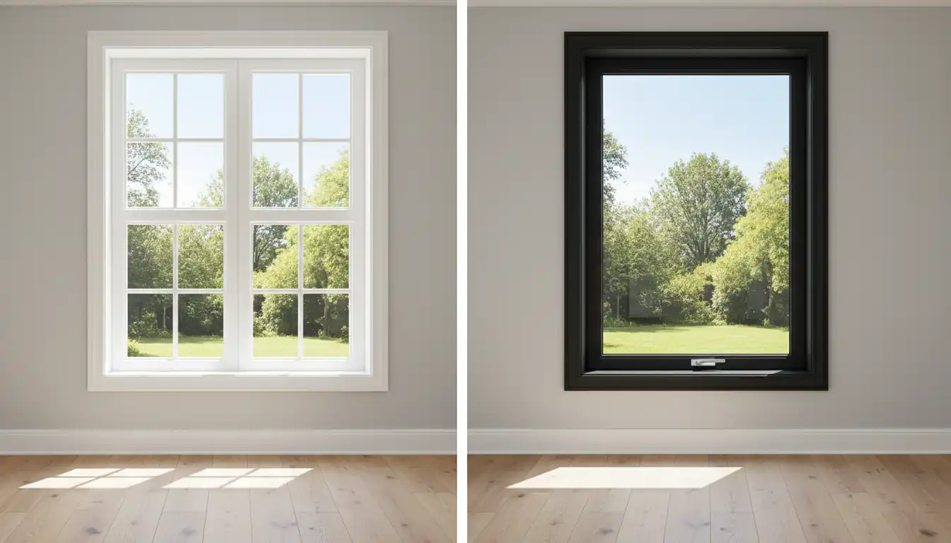 Side-by-side comparison of a white vinyl double-hung window next to a black composite casement window in a well-lit interior space.