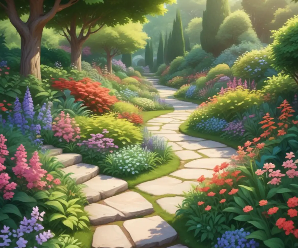 A lush, well-established garden with a stone pathway winding through dense green foliage and colorful flowering shrubs.