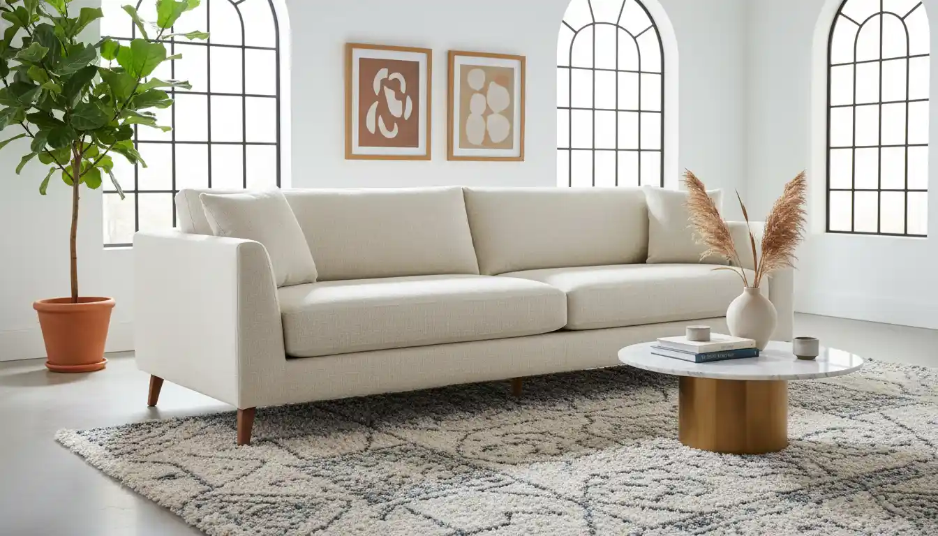 A deep-seated Maxwell sofa with light-colored upholstery and tapered wooden legs, placed in a well-lit living room on a textured area rug.