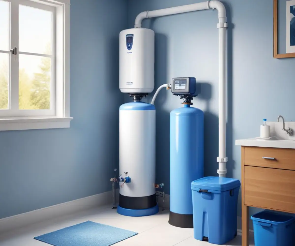 A white and blue whole-house water softener system installed in a residential utility room next to a water heater.