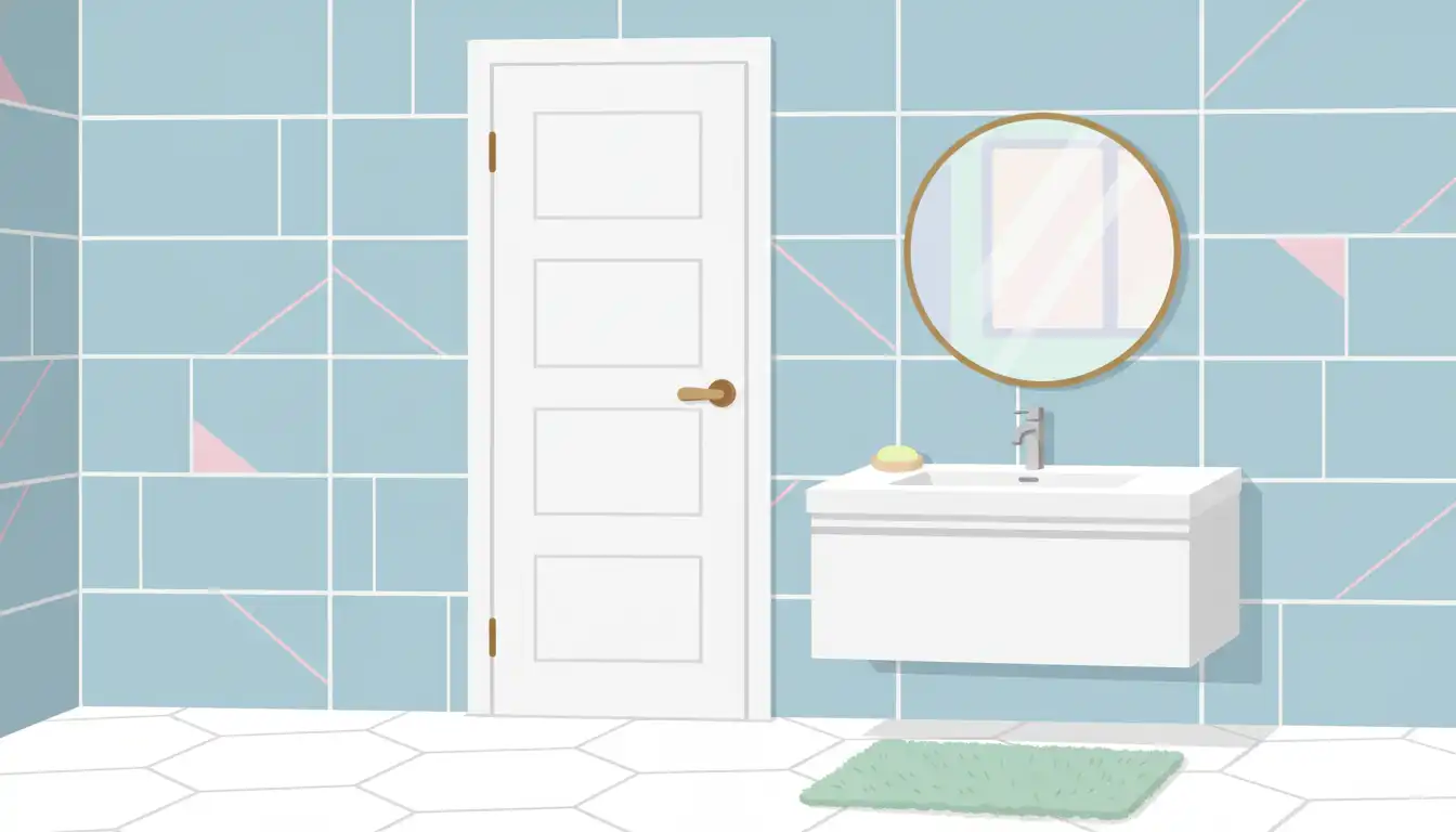 A white, paneled MDF door installed in a modern bathroom with tiled walls and a sleek vanity.