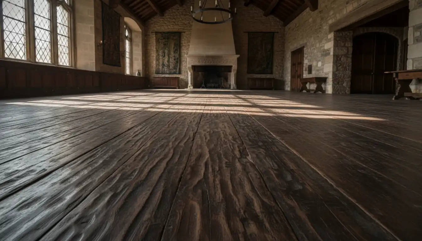 A rustic, wide-plank wood floor with a dark stain and visible hand-scraped texture in a historic setting.