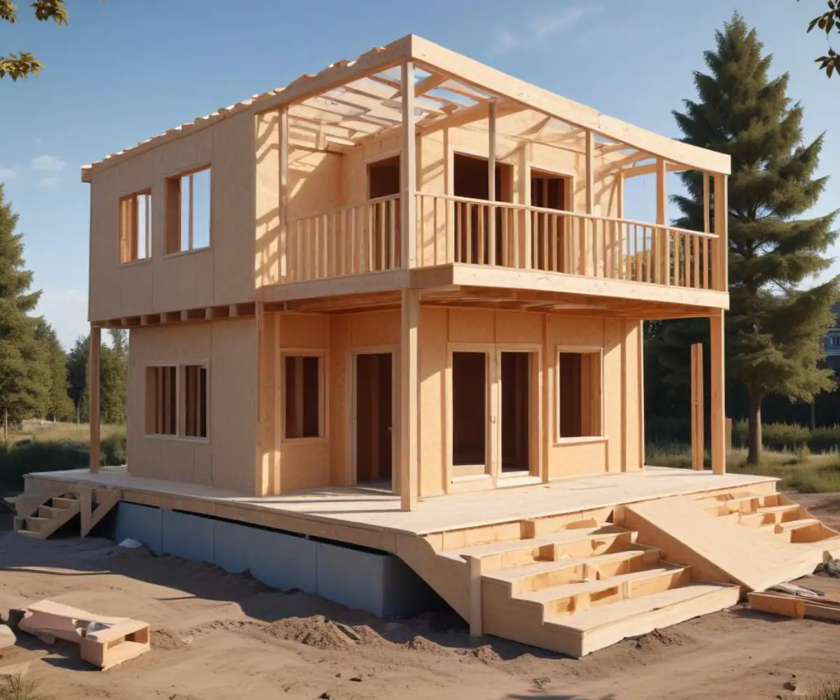 A two-story prefabricated kit home under construction, with exposed wooden framing and sheathing against a clear sky.