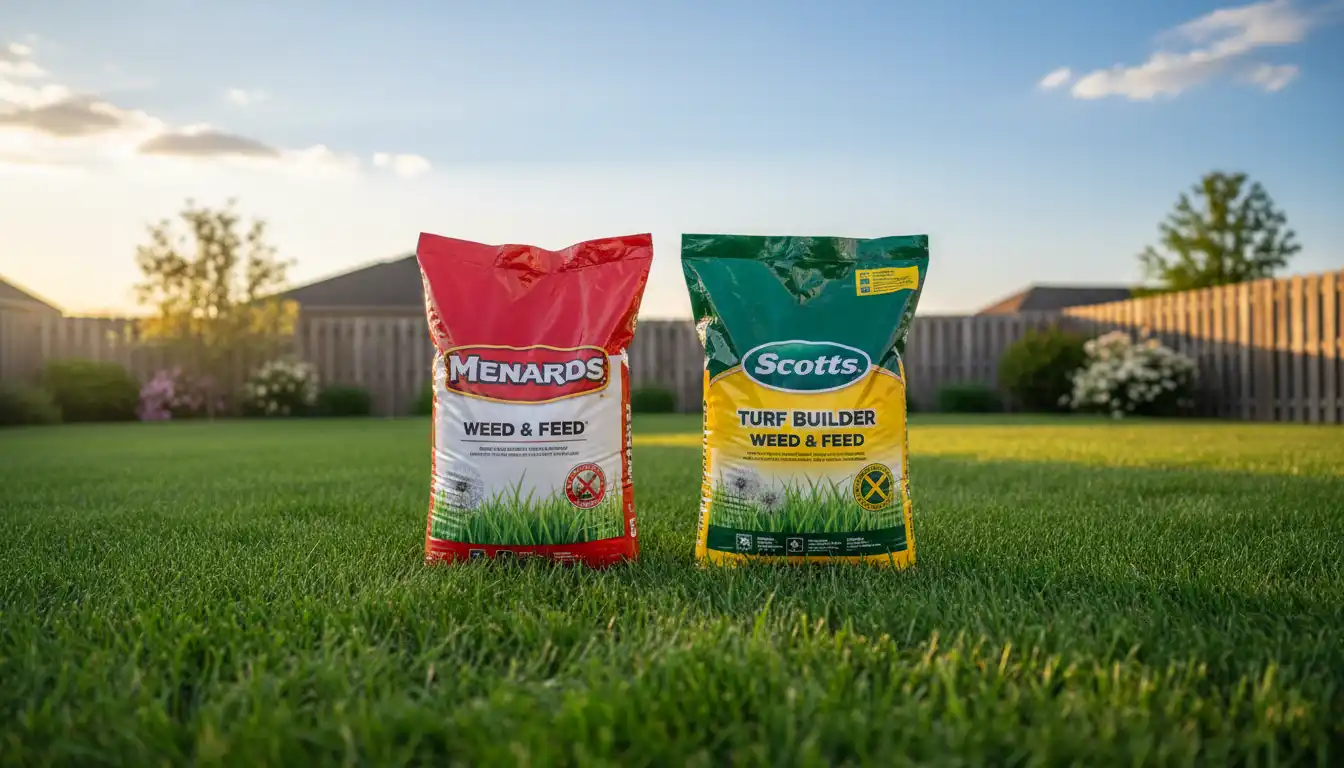 Bags of Menards and Scotts weed and feed products placed side-by-side on a healthy green lawn.