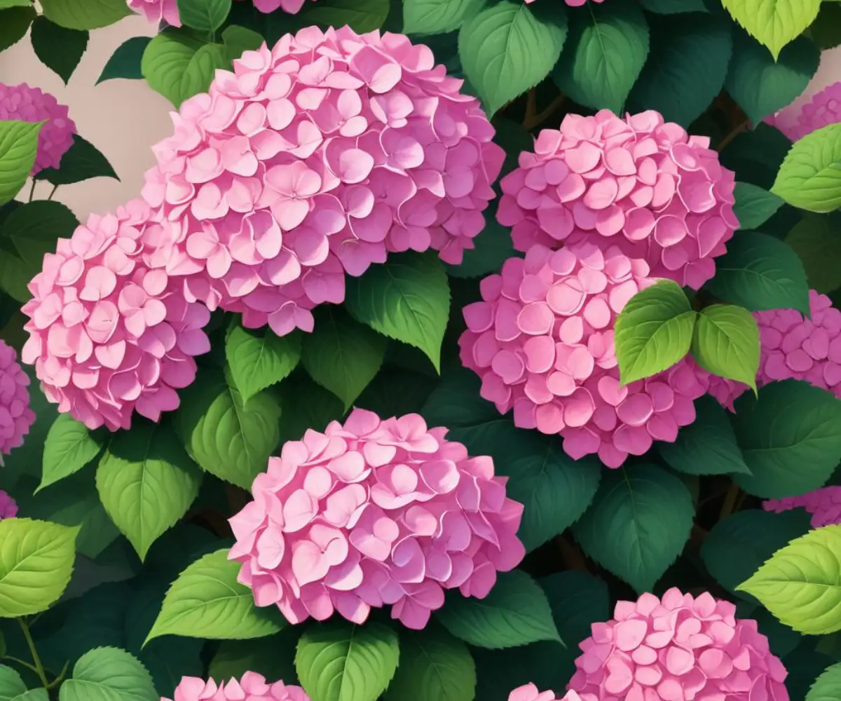 A Merritt's Supreme Hydrangea bush with large, vibrant pink mophead blooms and glossy green leaves.