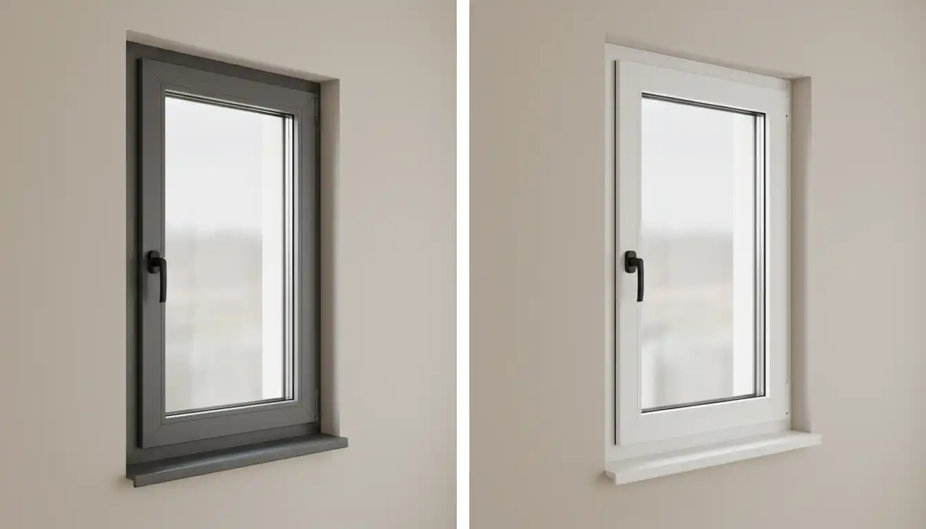 A side-by-side comparison of two different modern vinyl window frames against a neutral wall.