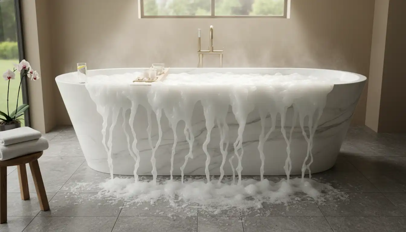 A luxurious bathtub filled with cloudy, opaque white water created by microbubbles.