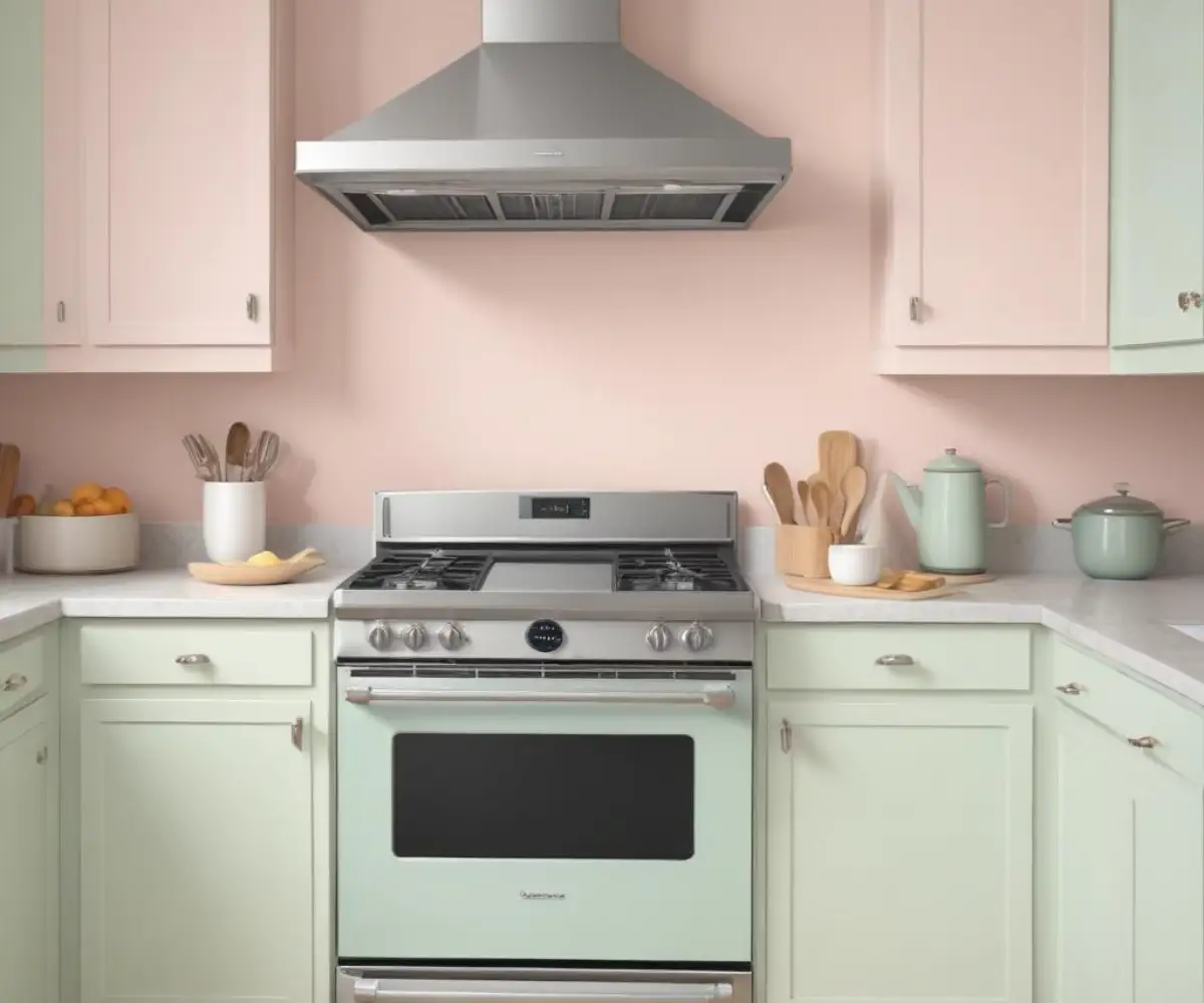 A stainless steel over-the-range microwave installed crookedly above a kitchen stove.