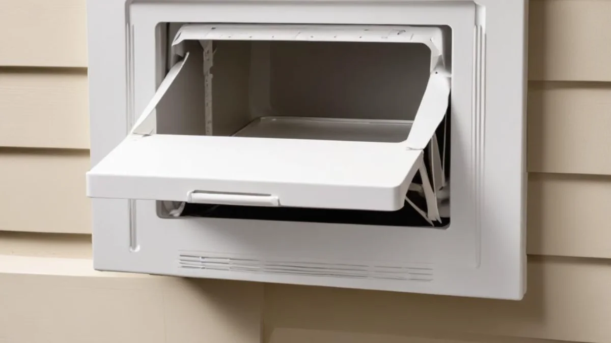 Exterior wall vent cap for a microwave with its damper flap stuck open.