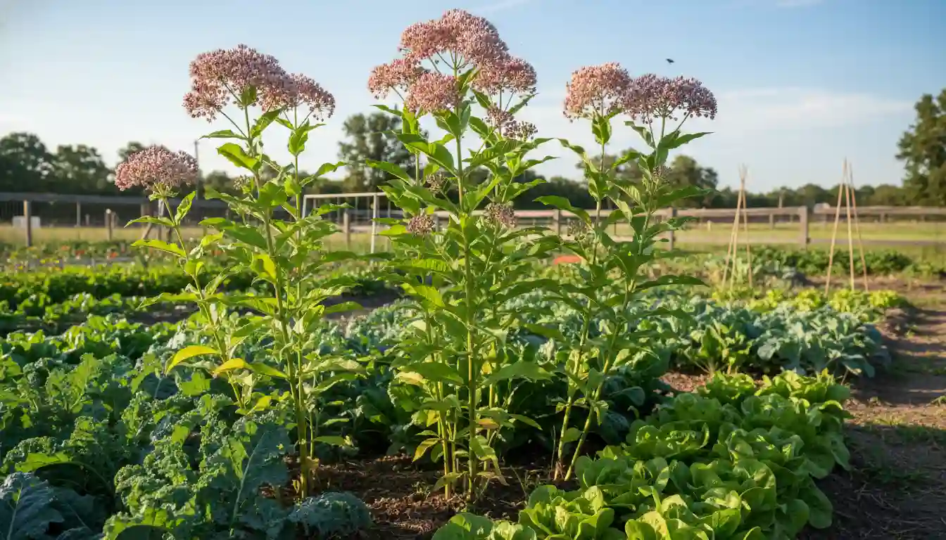 Tall green milkweed plants with clusters of pink flowers growing alongside rows of leafy vegetables in a sunlit garden bed.