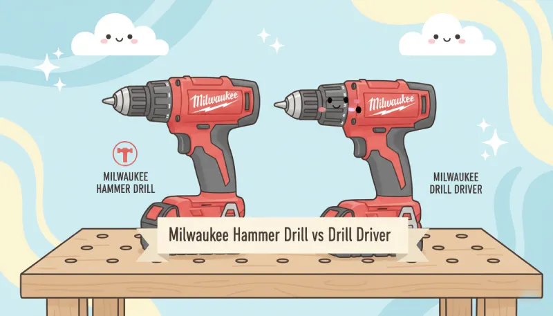 A red Milwaukee hammer drill and a red Milwaukee drill driver placed side-by-side on a wooden workbench.