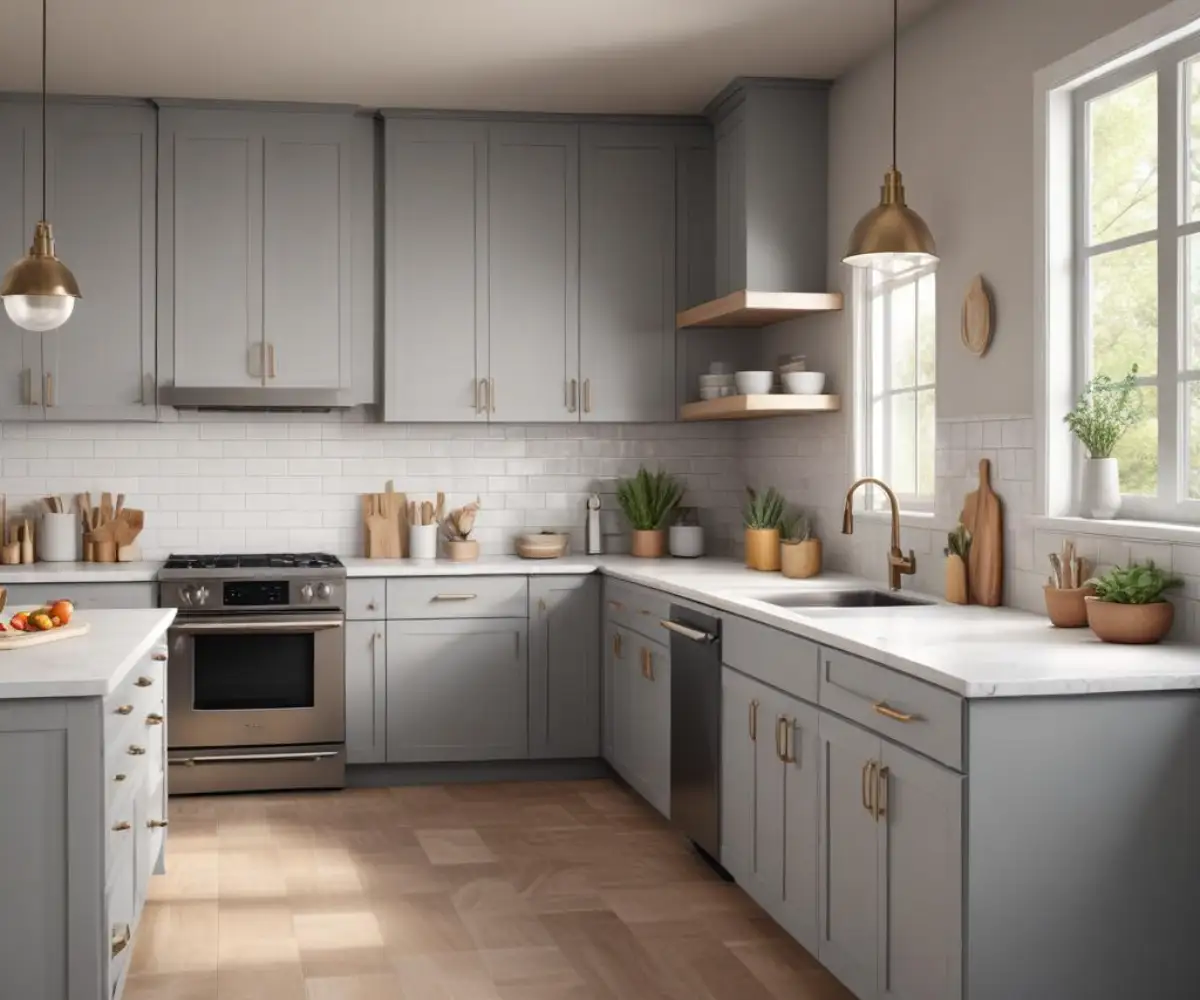 A modern kitchen with light gray cabinets, coordinating gray walls, a white subway tile backsplash, and a light quartz countertop.