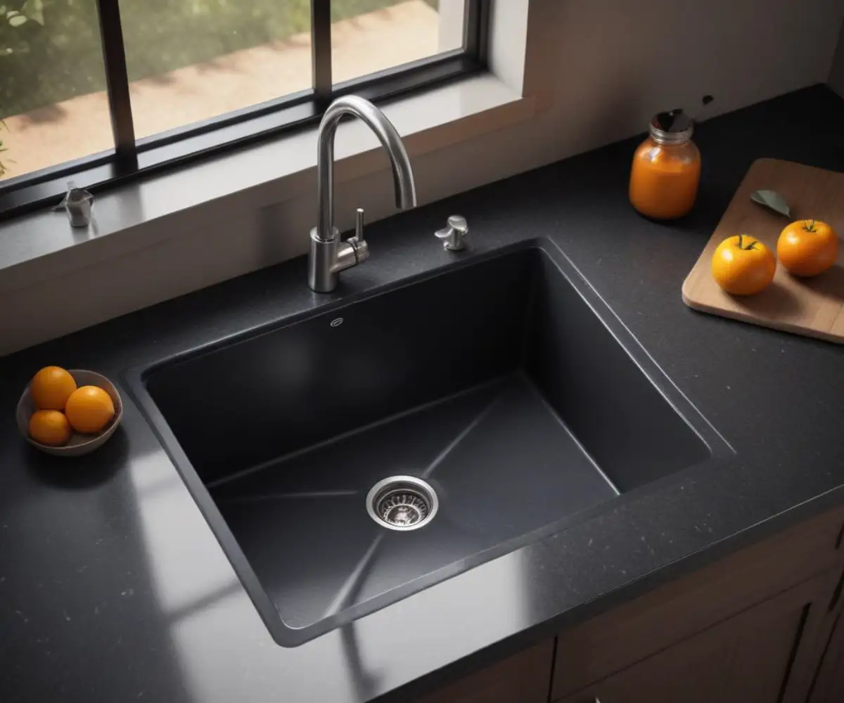 A dark granite composite kitchen sink with a glossy, conditioned finish reflecting the overhead light.
