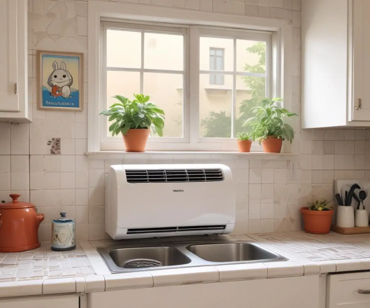 A white, wall-mounted mini split air conditioner unit installed on a tiled kitchen wall above a countertop.