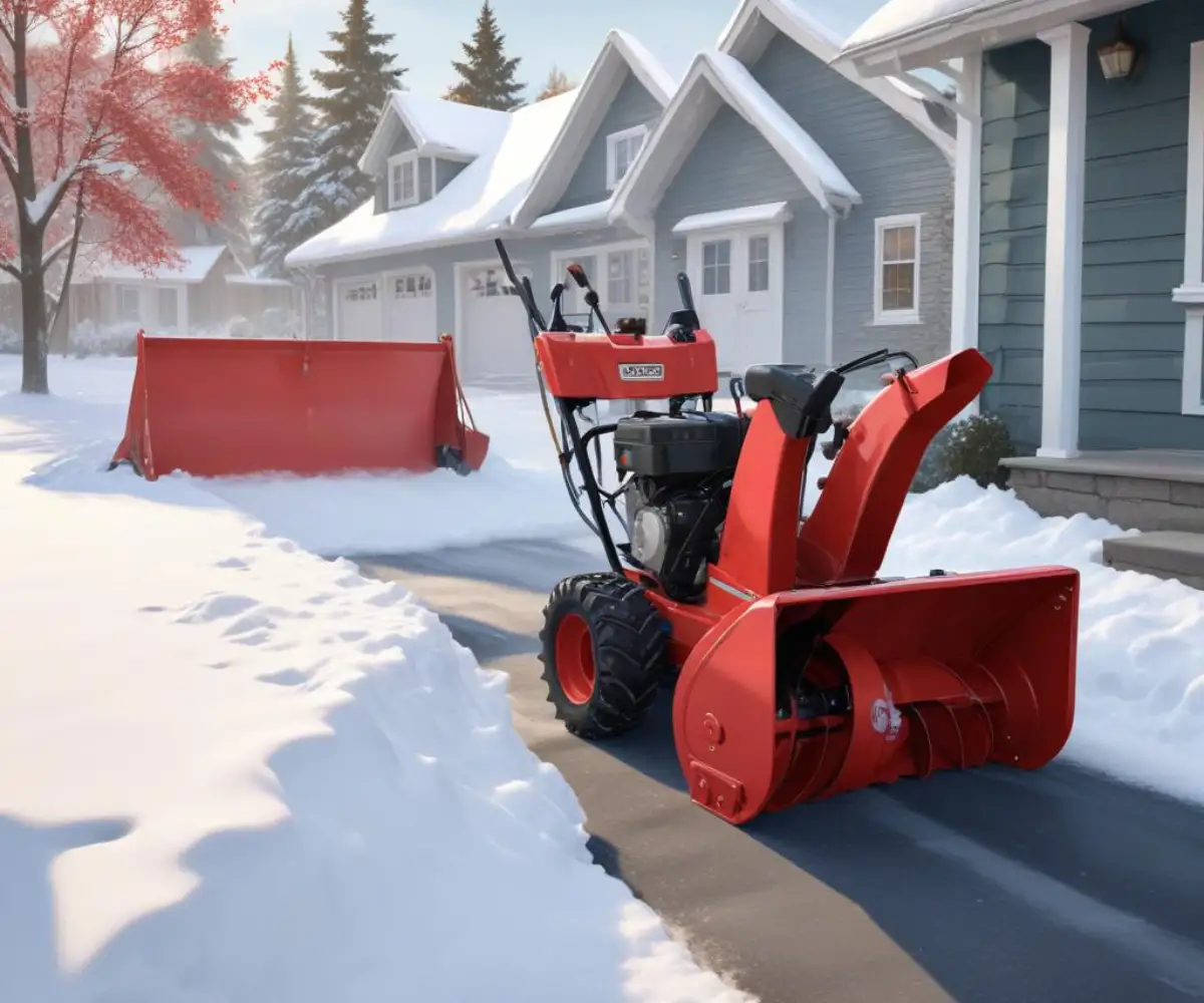 A red single-stage snow blower clearing a light layer of snow from a paved residential driveway on a clear day.