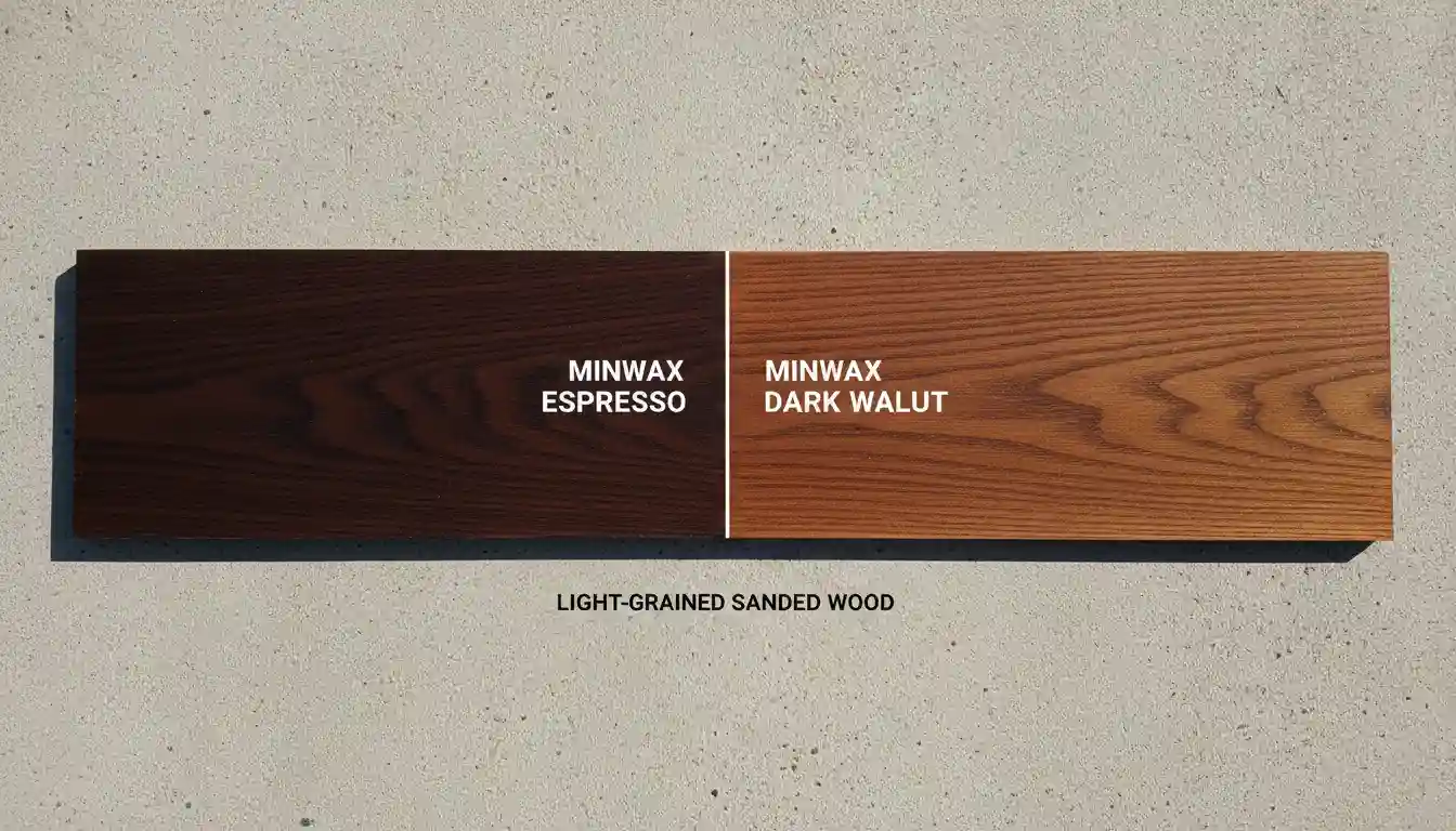 Side-by-side comparison of Espresso and Dark Walnut wood stains on a light-grained, sanded wood plank.