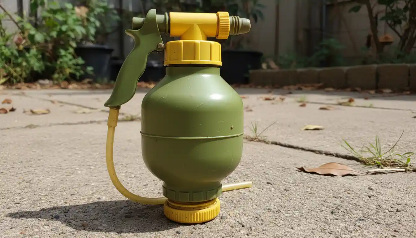 A vintage green and yellow plastic garden hose sprayer attachment for fertilizer.