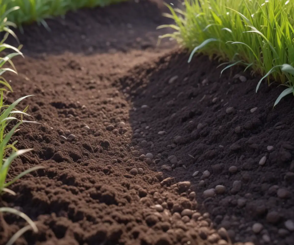 A freshly raked patch of dark, rich garden soil with scattered grass seeds visible on the surface.