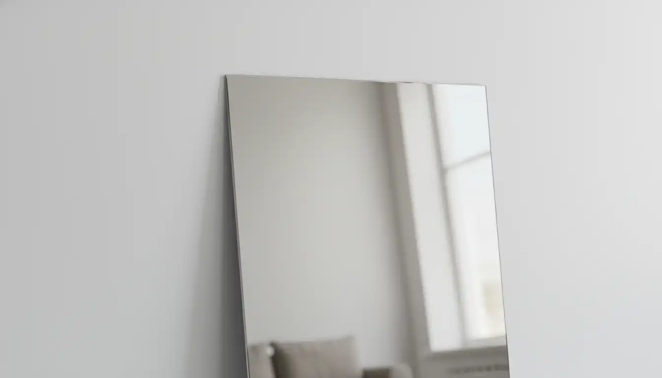 A large, rectangular, frameless mirror tilted forward against a plain white wall, casting a slight shadow.