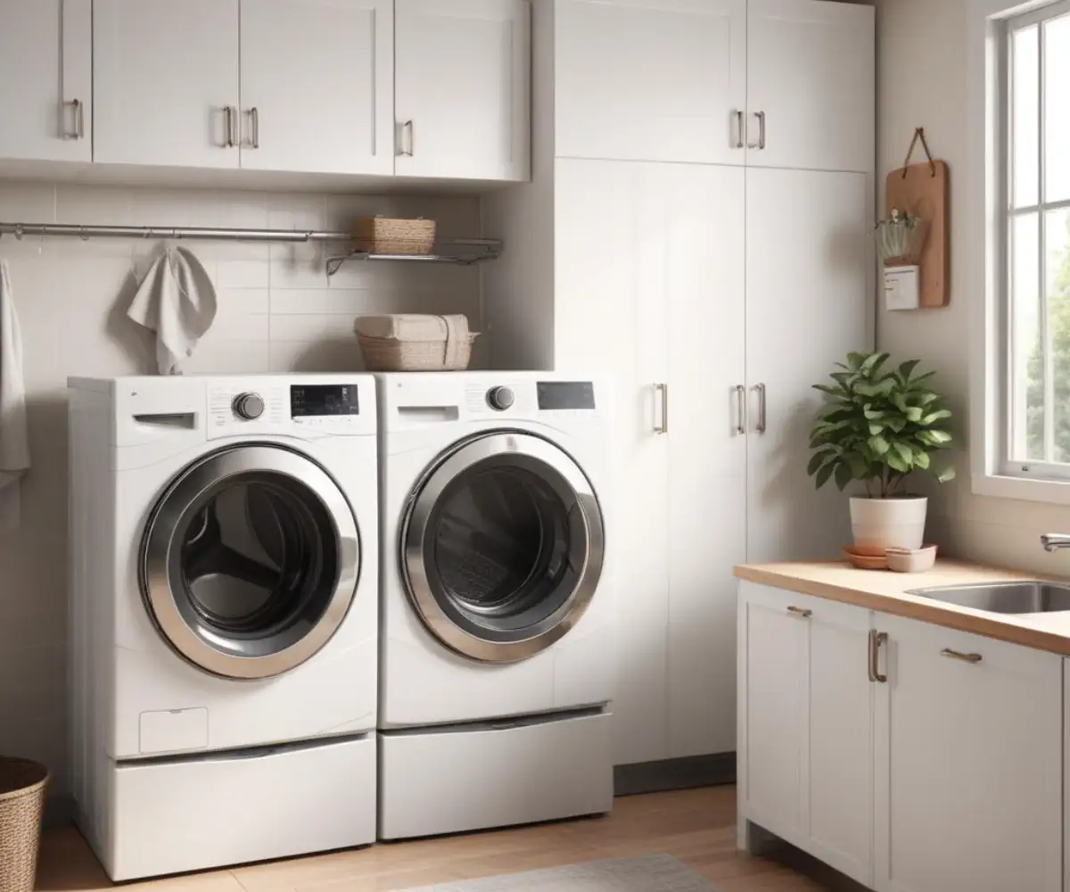A non-matching white washer and a stainless steel dryer side-by-side in a laundry room.