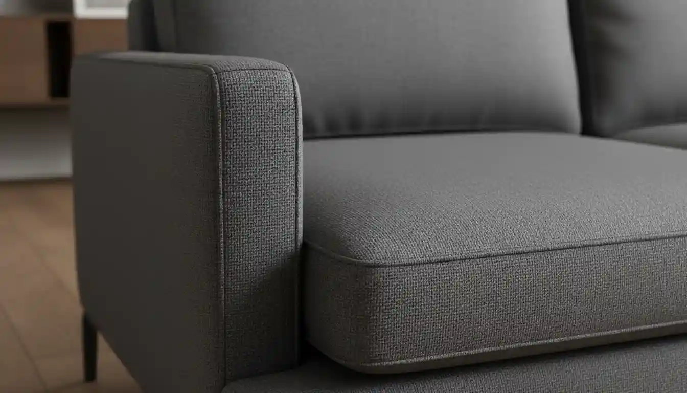 A close-up of a high-quality, gray fabric sofa showcasing the texture of the weave and the precision of the seams on the cushion.