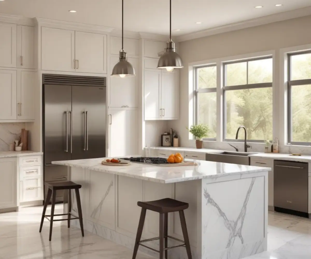 A contemporary kitchen featuring brushed nickel cabinet pulls and an oil-rubbed bronze pendant light fixture hanging over a marble island.