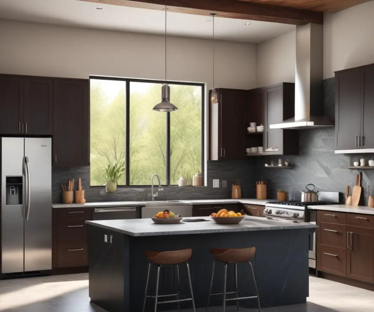 A modern kitchen with a combination of slate and stainless steel appliances, complemented by dark wood cabinets and light granite countertops.