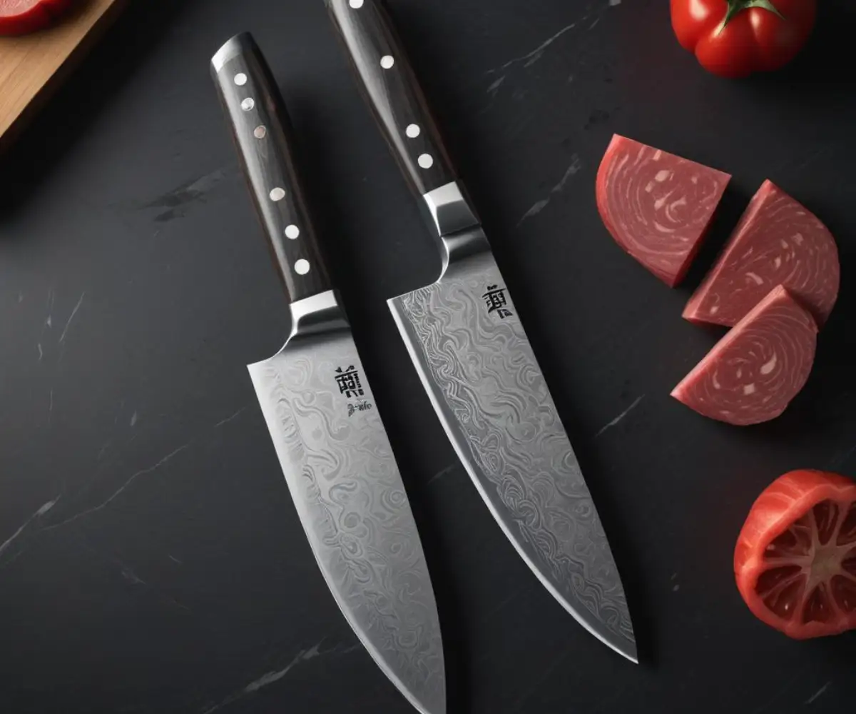 A Japanese-style Miyabi chef's knife with a visible Damascus pattern next to a German-style Wusthof chef's knife on a dark, textured countertop.