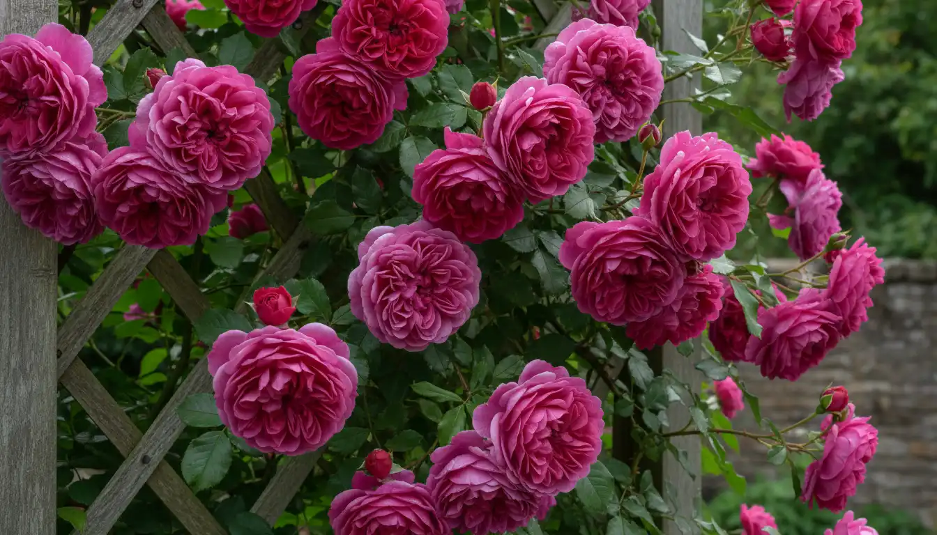 A climbing shrub with large, deep pink, cup-shaped blooms covering a rustic wooden trellis.